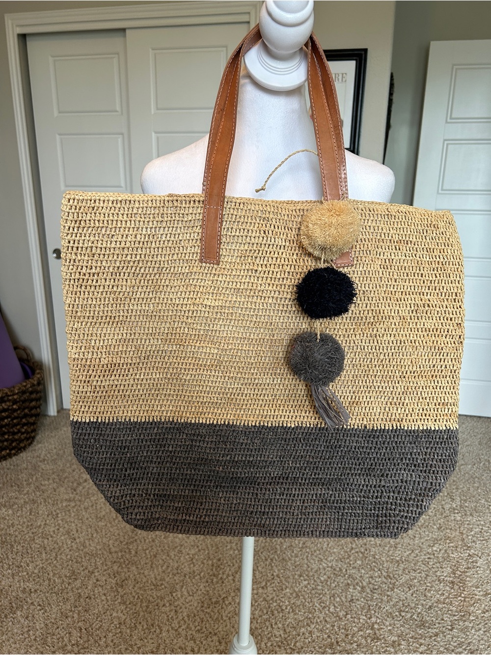 MAR Y SOL Montauk Color Block Raffia Tote Gray Straw Beach Bag